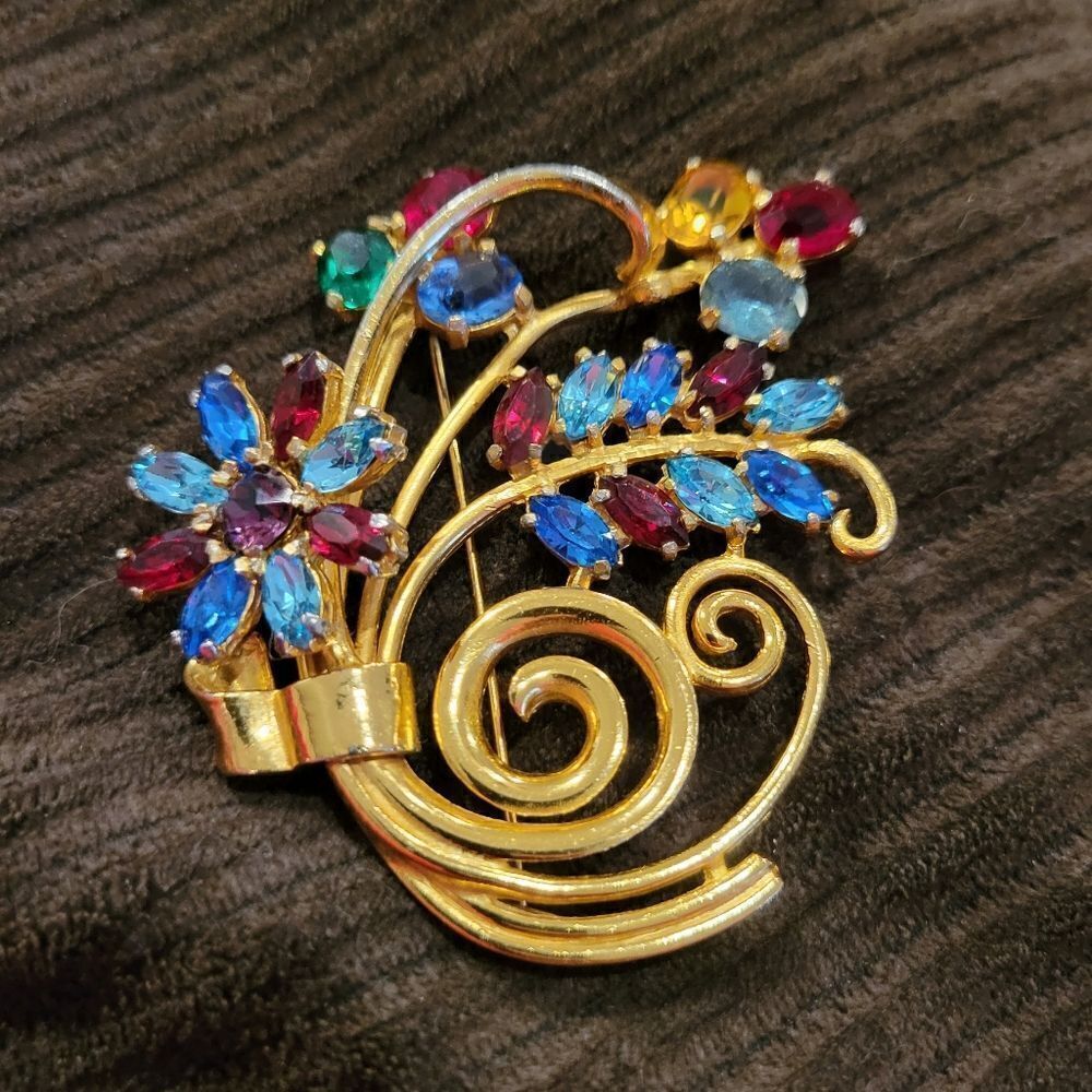 Vintage Coro Rhinestone Floral Swirl MCM Brooch